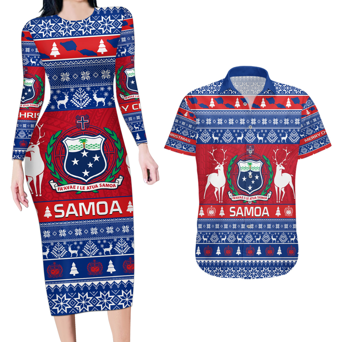 Personalised Samoa Christmas Couples Matching Long Sleeve Bodycon Dress and Hawaiian Shirt Samoan Coat Of Arms Manuia Le Kirisimas - Wonder Print Shop