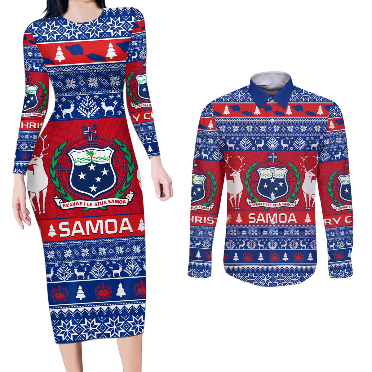 Personalised Samoa Christmas Couples Matching Long Sleeve Bodycon Dress and Long Sleeve Button Shirts Samoan Coat Of Arms Manuia Le Kirisimas - Wonder Print Shop