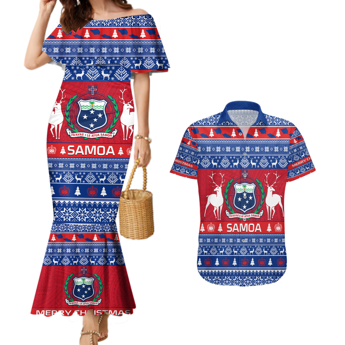 Personalised Samoa Christmas Couples Matching Mermaid Dress and Hawaiian Shirt Samoan Coat Of Arms Manuia Le Kirisimas - Wonder Print Shop