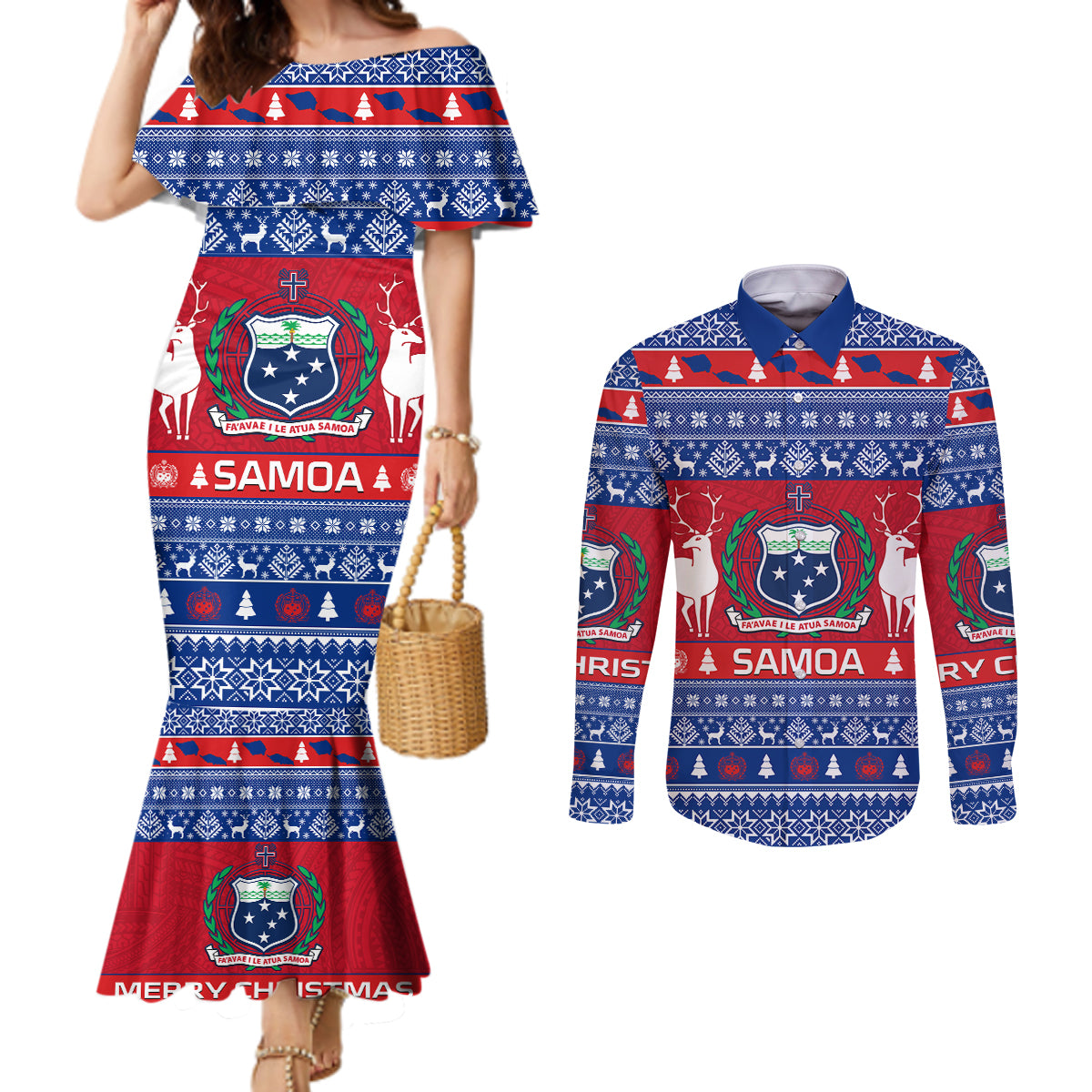 personalised-samoa-christmas-couples-matching-mermaid-dress-and-long-sleeve-button-shirts-samoan-coat-of-arms-manuia-le-kirisimas
