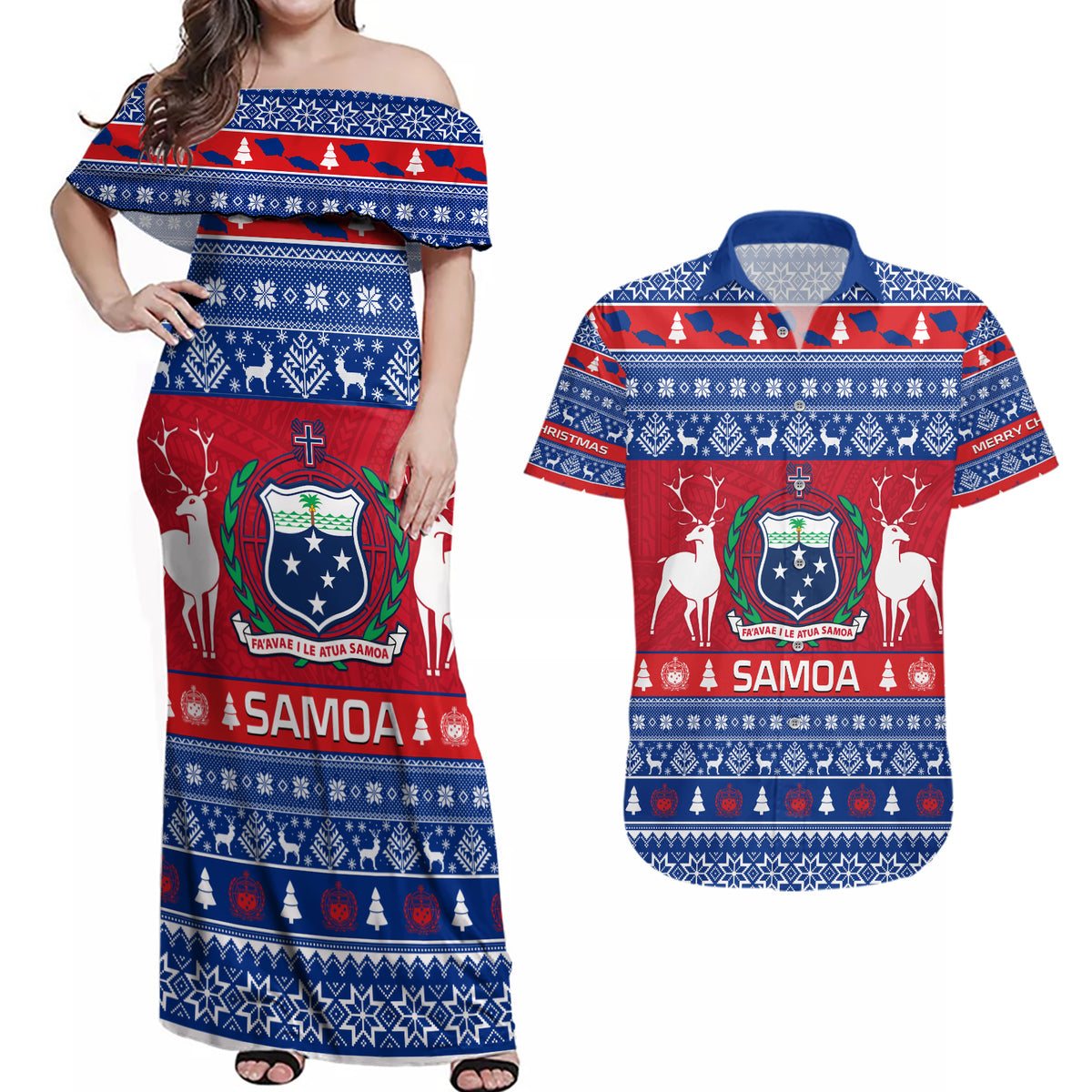 Personalised Samoa Christmas Couples Matching Off Shoulder Maxi Dress and Hawaiian Shirt Samoan Coat Of Arms Manuia Le Kirisimas - Wonder Print Shop
