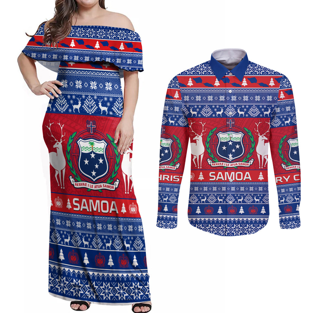 Personalised Samoa Christmas Couples Matching Off Shoulder Maxi Dress and Long Sleeve Button Shirts Samoan Coat Of Arms Manuia Le Kirisimas - Wonder Print Shop