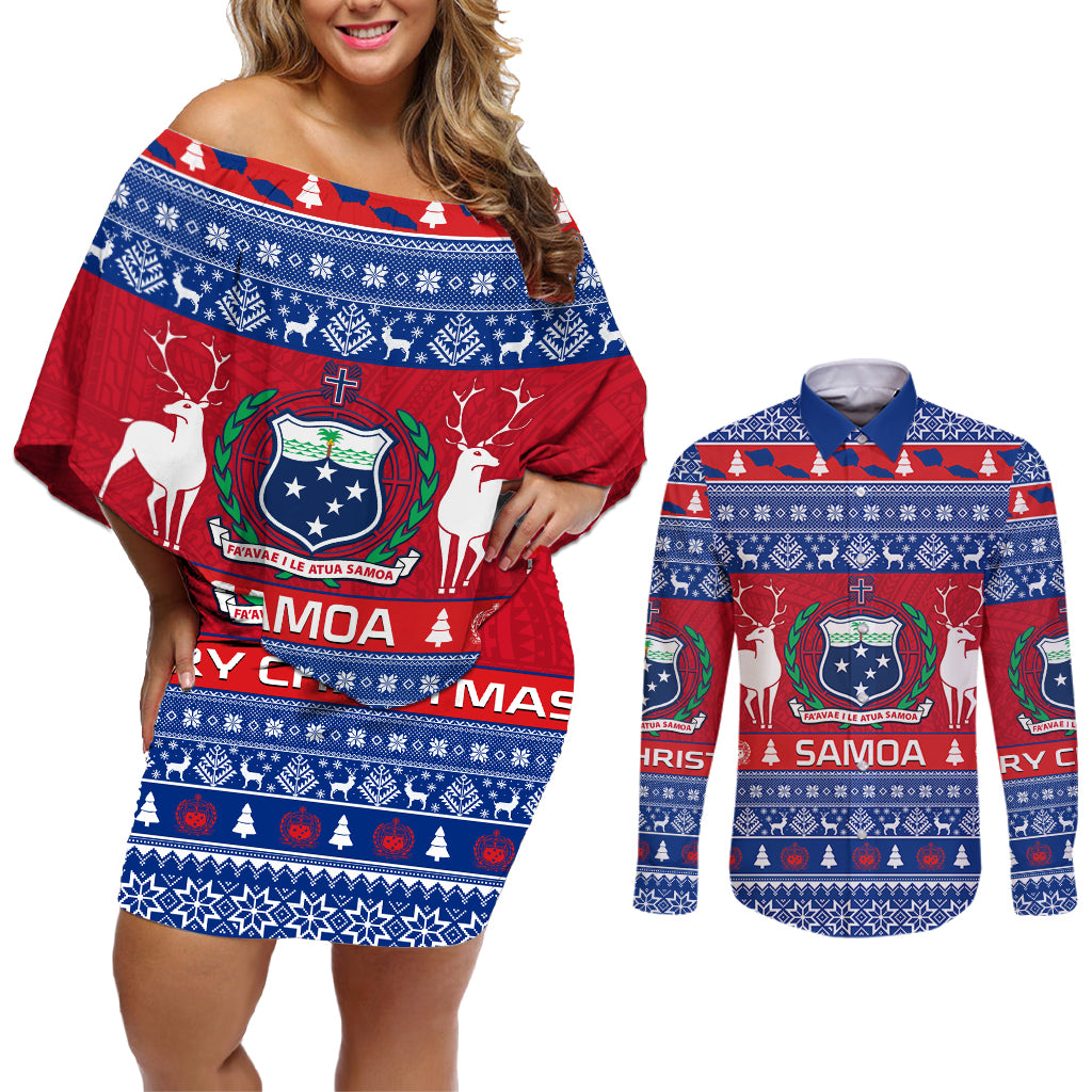 Personalised Samoa Christmas Couples Matching Off Shoulder Short Dress and Long Sleeve Button Shirts Samoan Coat Of Arms Manuia Le Kirisimas - Wonder Print Shop