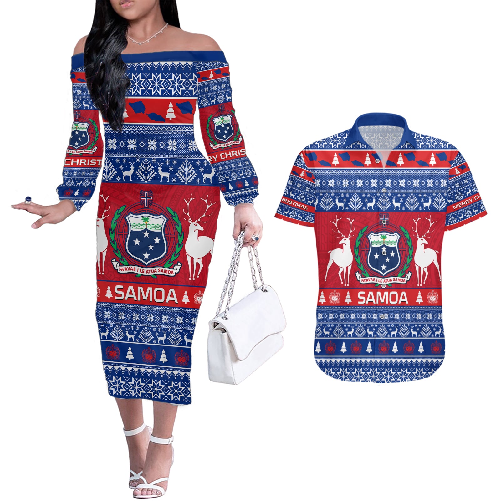 Personalised Samoa Christmas Couples Matching Off The Shoulder Long Sleeve Dress and Hawaiian Shirt Samoan Coat Of Arms Manuia Le Kirisimas - Wonder Print Shop