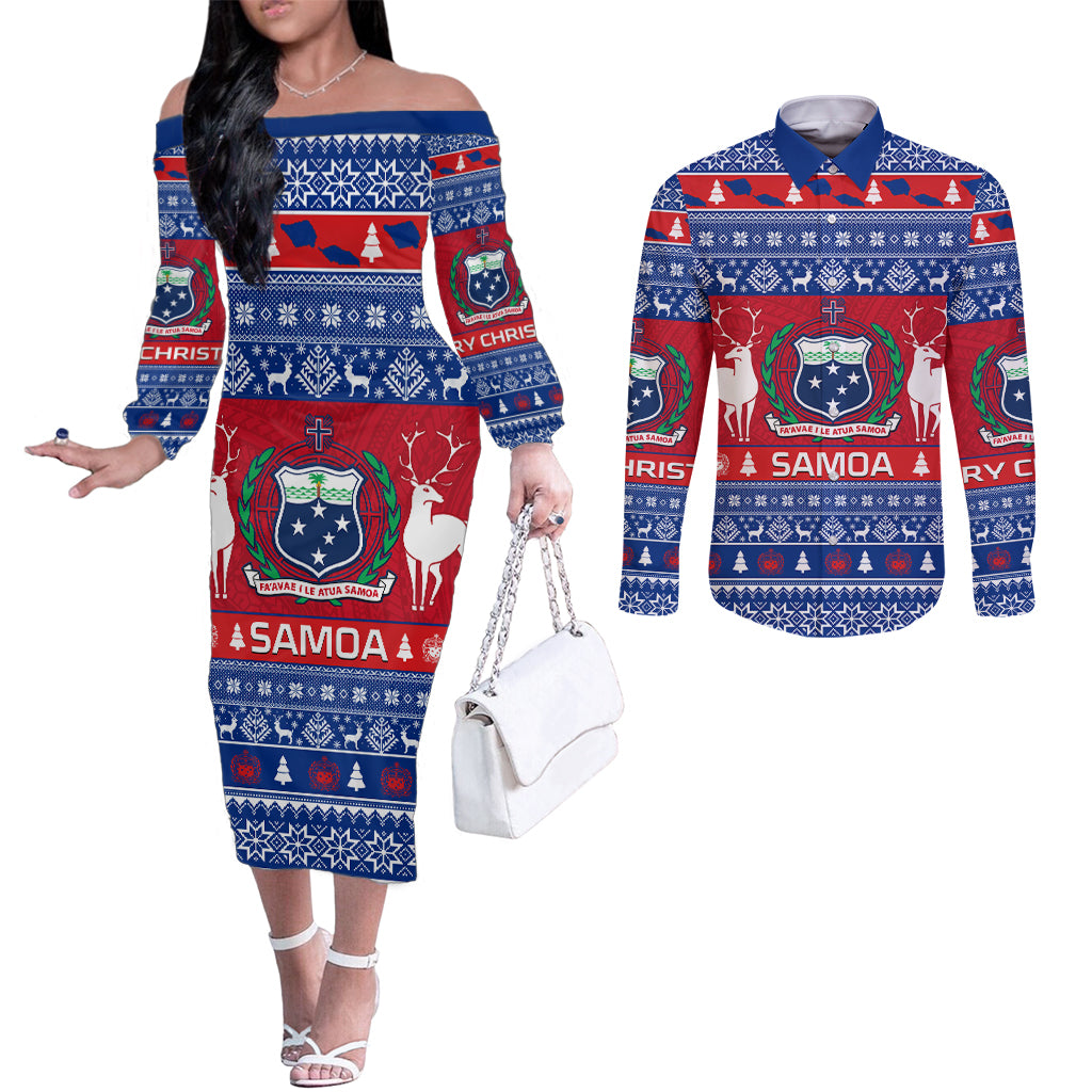 personalised-samoa-christmas-couples-matching-off-the-shoulder-long-sleeve-dress-and-long-sleeve-button-shirts-samoan-coat-of-arms-manuia-le-kirisimas