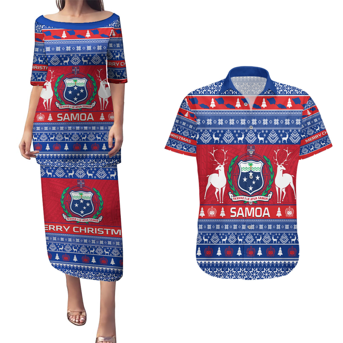 Personalised Samoa Christmas Couples Matching Puletasi Dress and Hawaiian Shirt Samoan Coat Of Arms Manuia Le Kirisimas - Wonder Print Shop