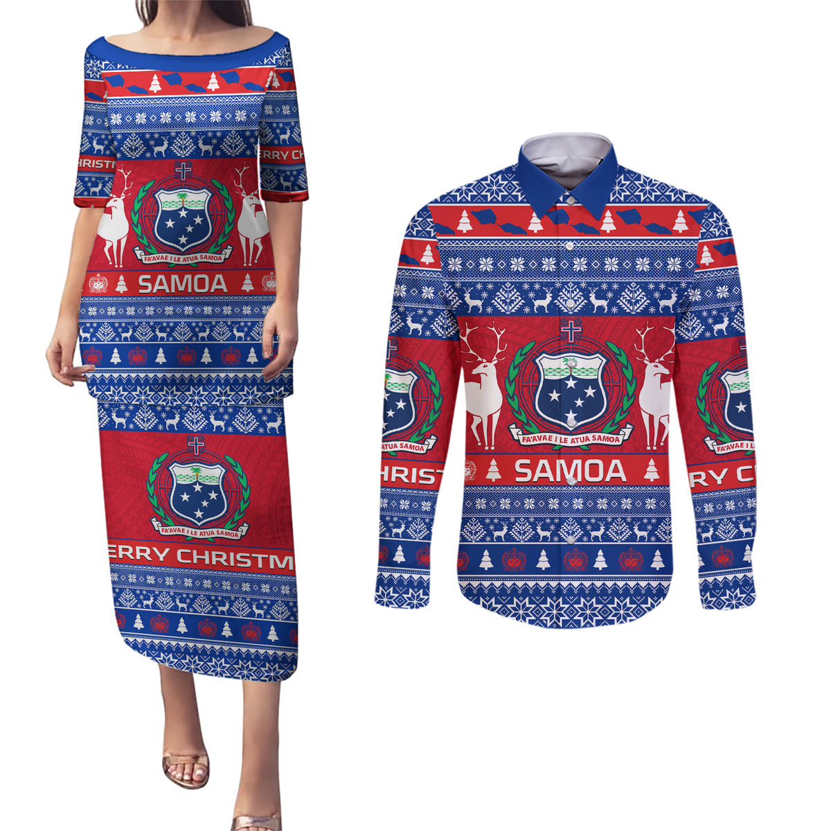 Personalised Samoa Christmas Couples Matching Puletasi Dress and Long Sleeve Button Shirts Samoan Coat Of Arms Manuia Le Kirisimas - Wonder Print Shop