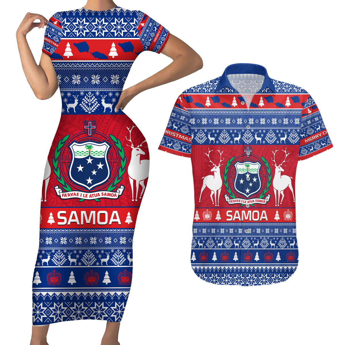 Personalised Samoa Christmas Couples Matching Short Sleeve Bodycon Dress and Hawaiian Shirt Samoan Coat Of Arms Manuia Le Kirisimas - Wonder Print Shop