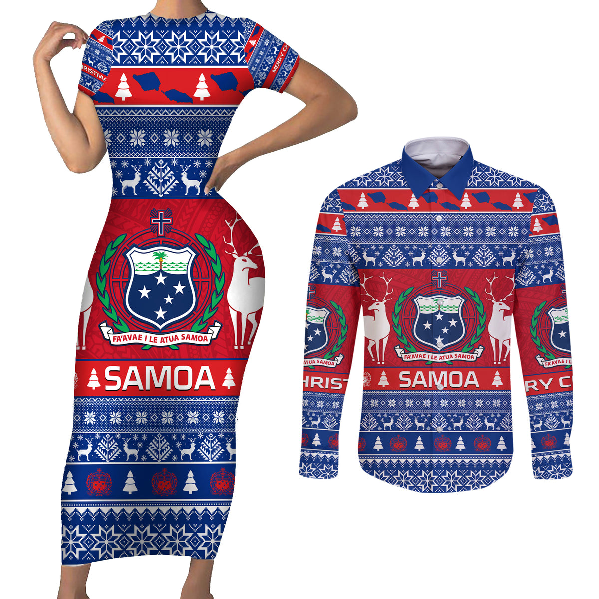 Personalised Samoa Christmas Couples Matching Short Sleeve Bodycon Dress and Long Sleeve Button Shirts Samoan Coat Of Arms Manuia Le Kirisimas - Wonder Print Shop