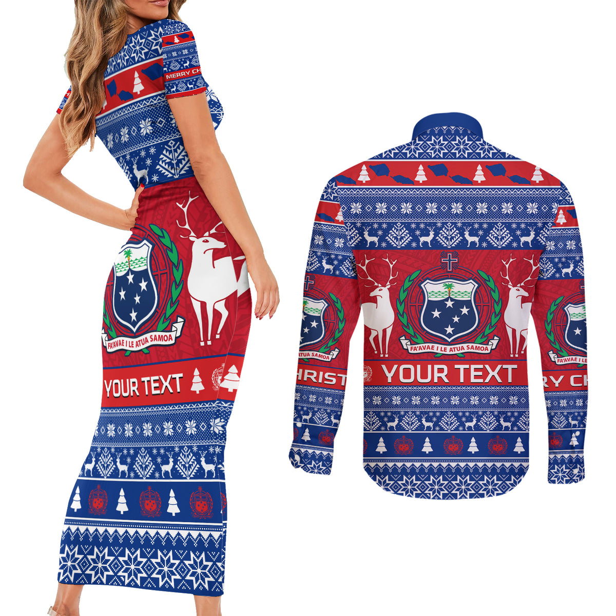 Personalised Samoa Christmas Couples Matching Short Sleeve Bodycon Dress and Long Sleeve Button Shirts Samoan Coat Of Arms Manuia Le Kirisimas - Wonder Print Shop