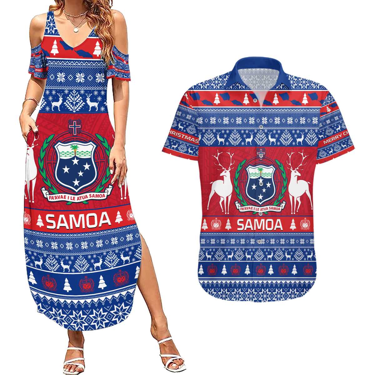 Personalised Samoa Christmas Couples Matching Summer Maxi Dress and Hawaiian Shirt Samoan Coat Of Arms Manuia Le Kirisimas - Wonder Print Shop