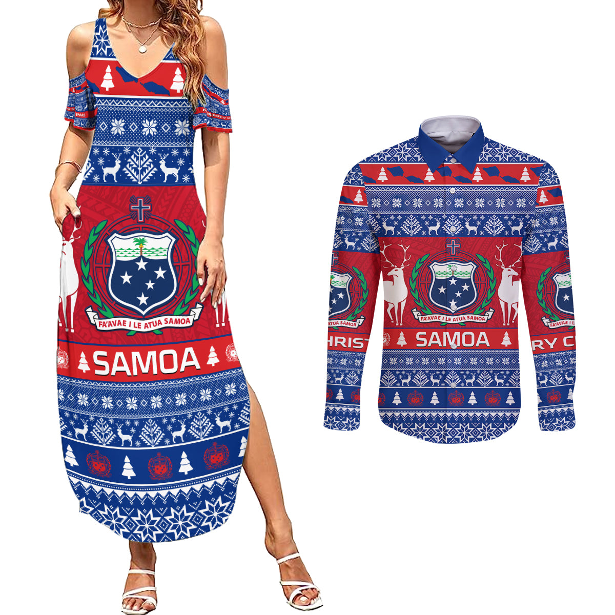Personalised Samoa Christmas Couples Matching Summer Maxi Dress and Long Sleeve Button Shirts Samoan Coat Of Arms Manuia Le Kirisimas - Wonder Print Shop