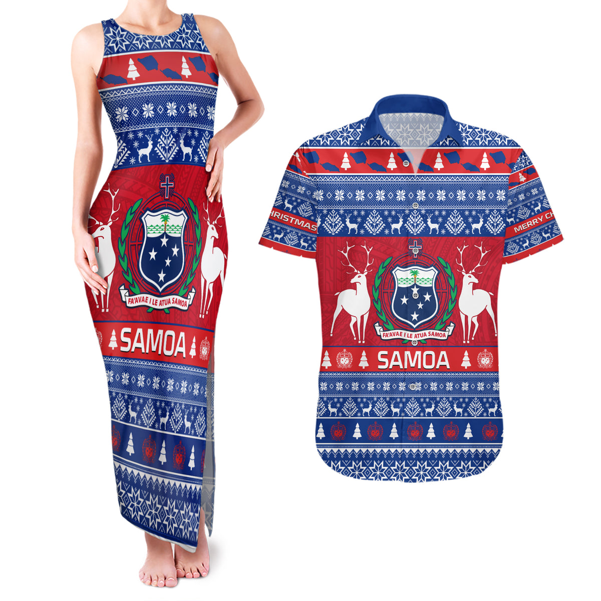 Personalised Samoa Christmas Couples Matching Tank Maxi Dress and Hawaiian Shirt Samoan Coat Of Arms Manuia Le Kirisimas - Wonder Print Shop