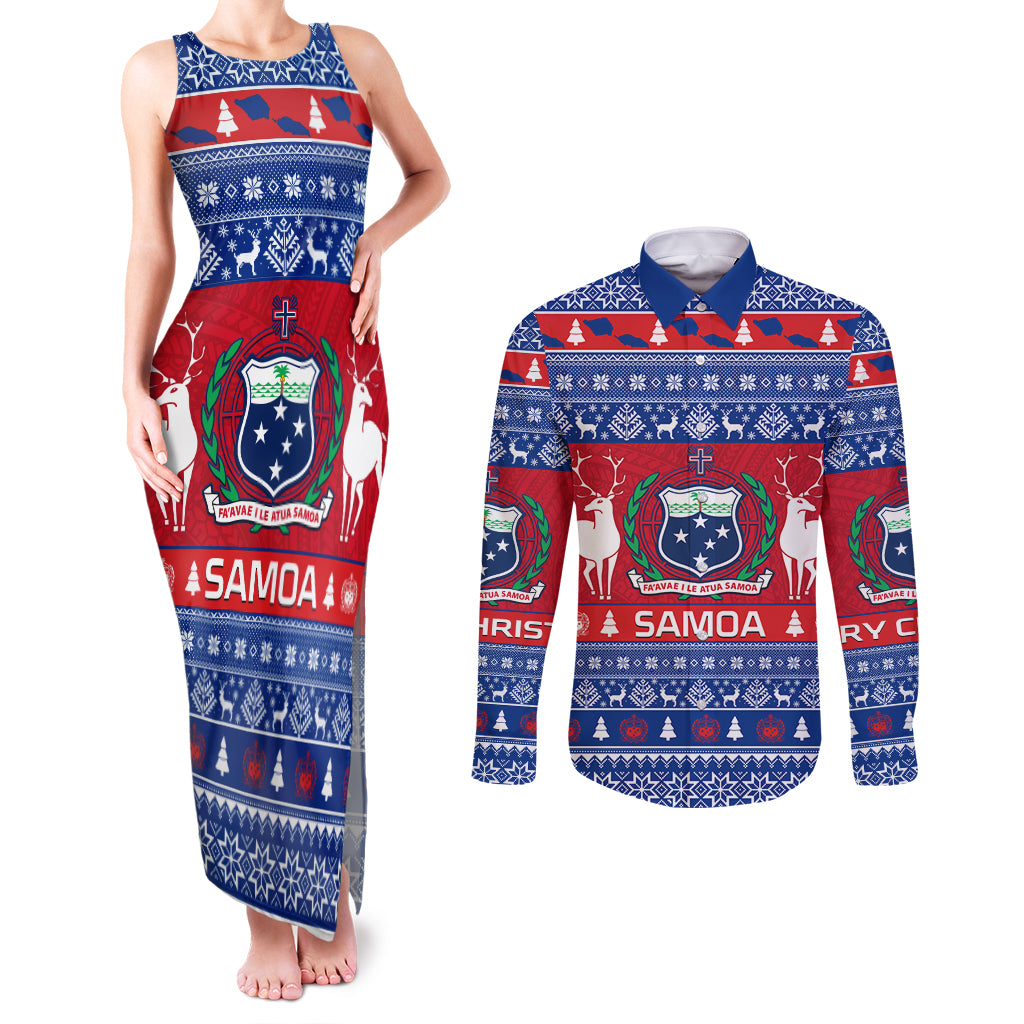 Personalised Samoa Christmas Couples Matching Tank Maxi Dress and Long Sleeve Button Shirts Samoan Coat Of Arms Manuia Le Kirisimas - Wonder Print Shop