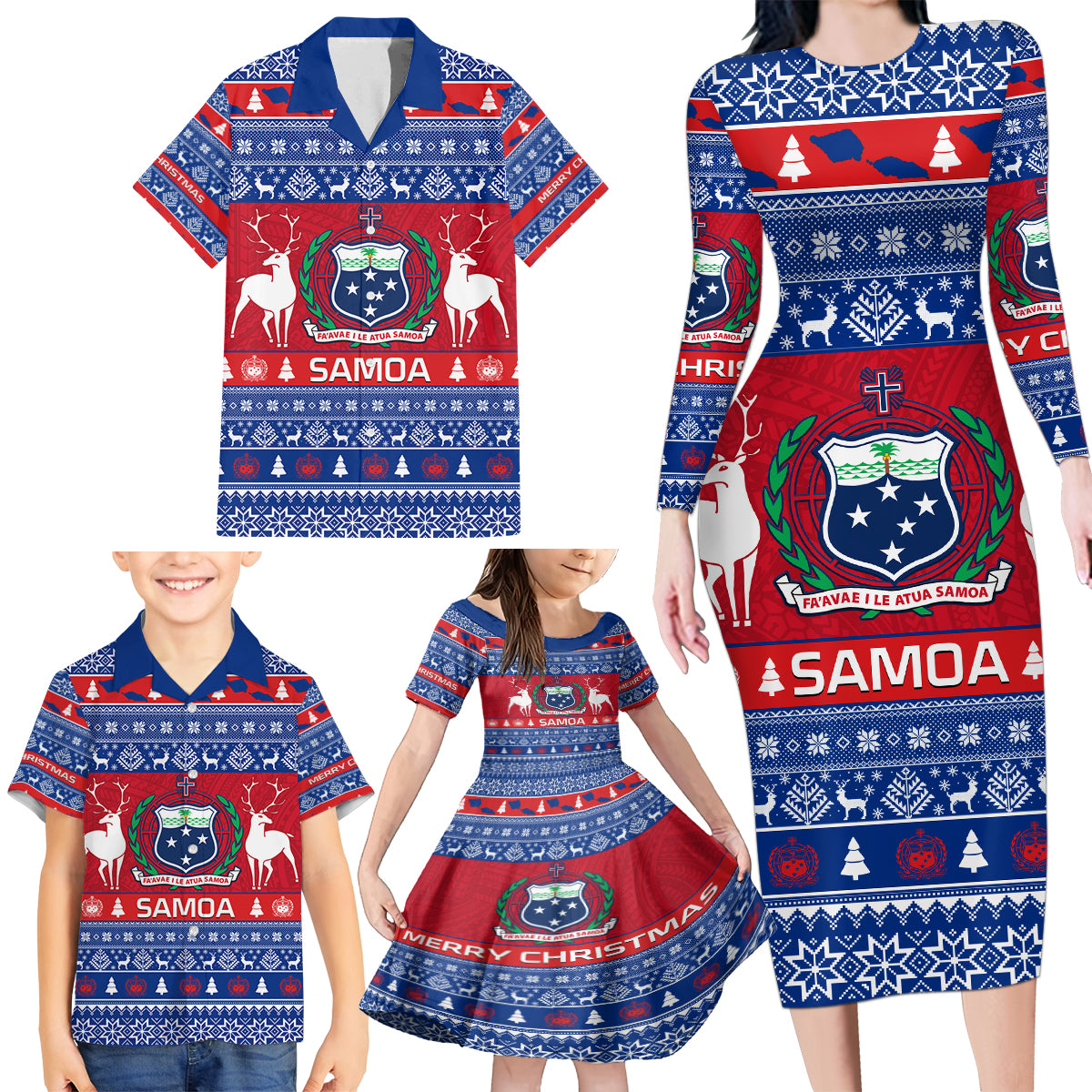 Personalised Samoa Christmas Family Matching Long Sleeve Bodycon Dress and Hawaiian Shirt Samoan Coat Of Arms Manuia Le Kirisimas - Wonder Print Shop