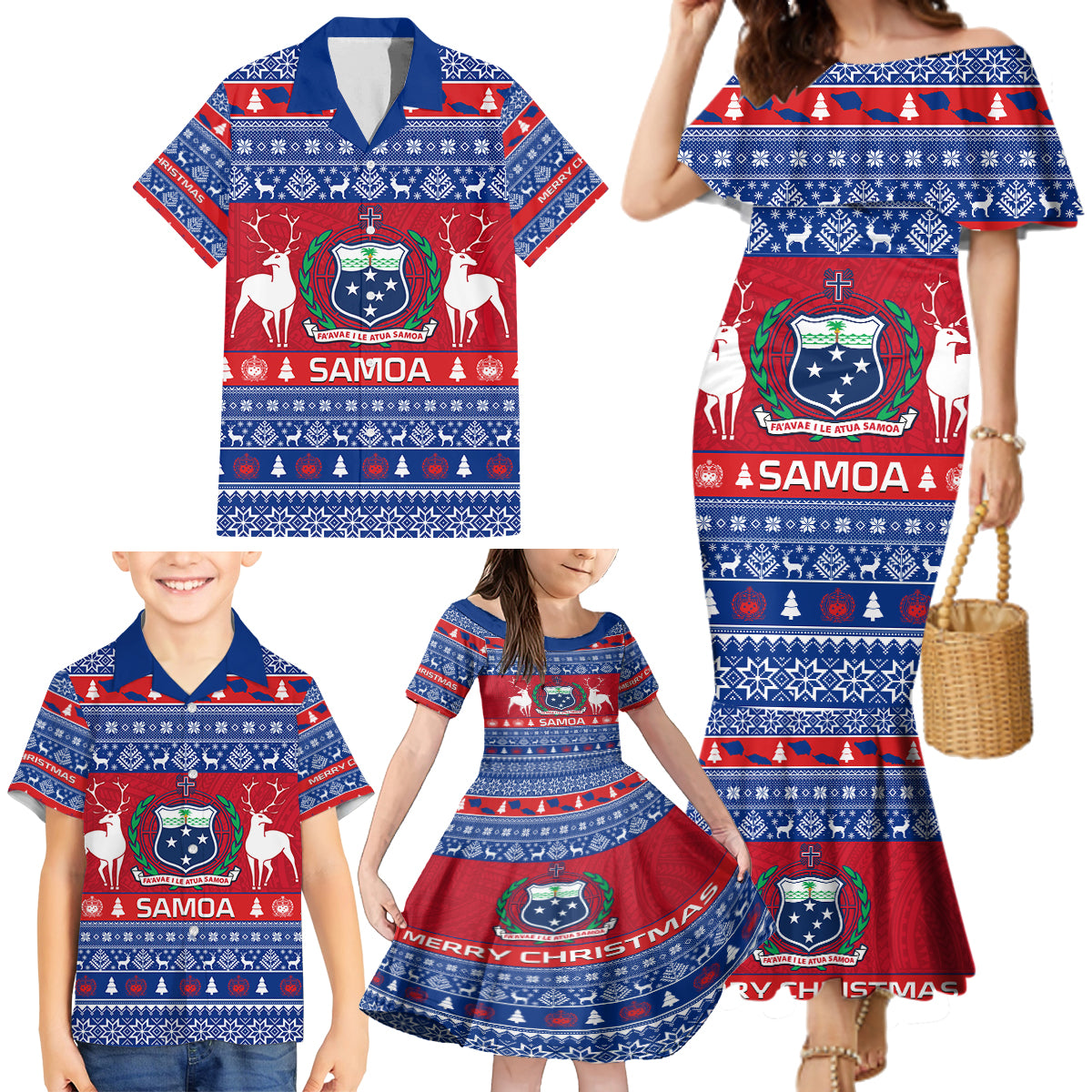 Personalised Samoa Christmas Family Matching Mermaid Dress and Hawaiian Shirt Samoan Coat Of Arms Manuia Le Kirisimas - Wonder Print Shop