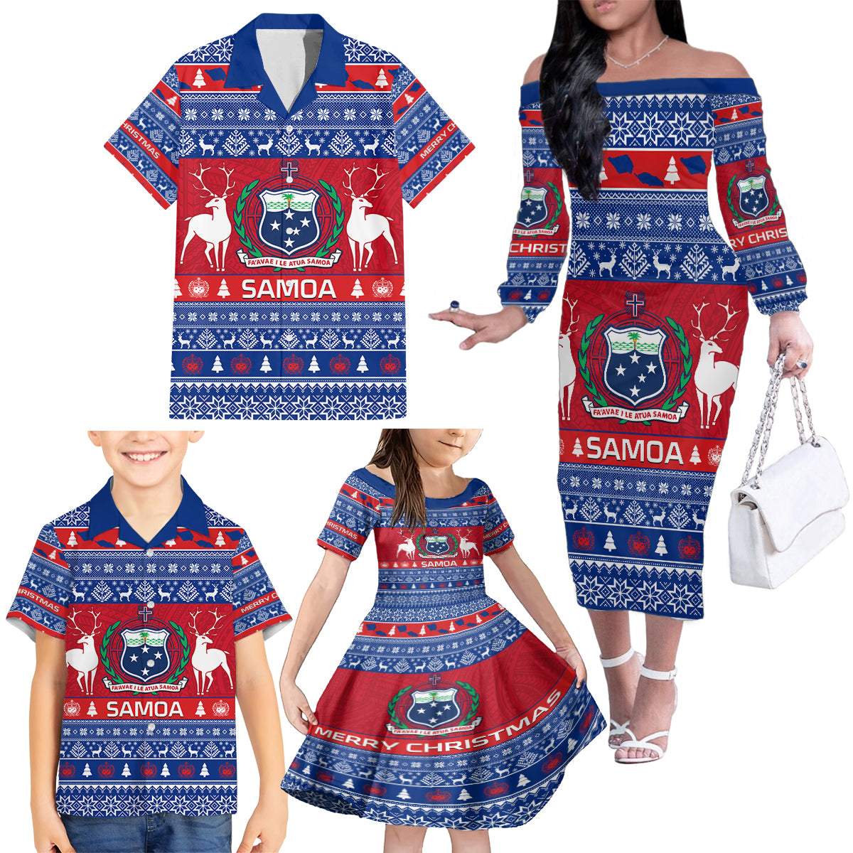 Personalised Samoa Christmas Family Matching Off Shoulder Long Sleeve Dress and Hawaiian Shirt Samoan Coat Of Arms Manuia Le Kirisimas - Wonder Print Shop