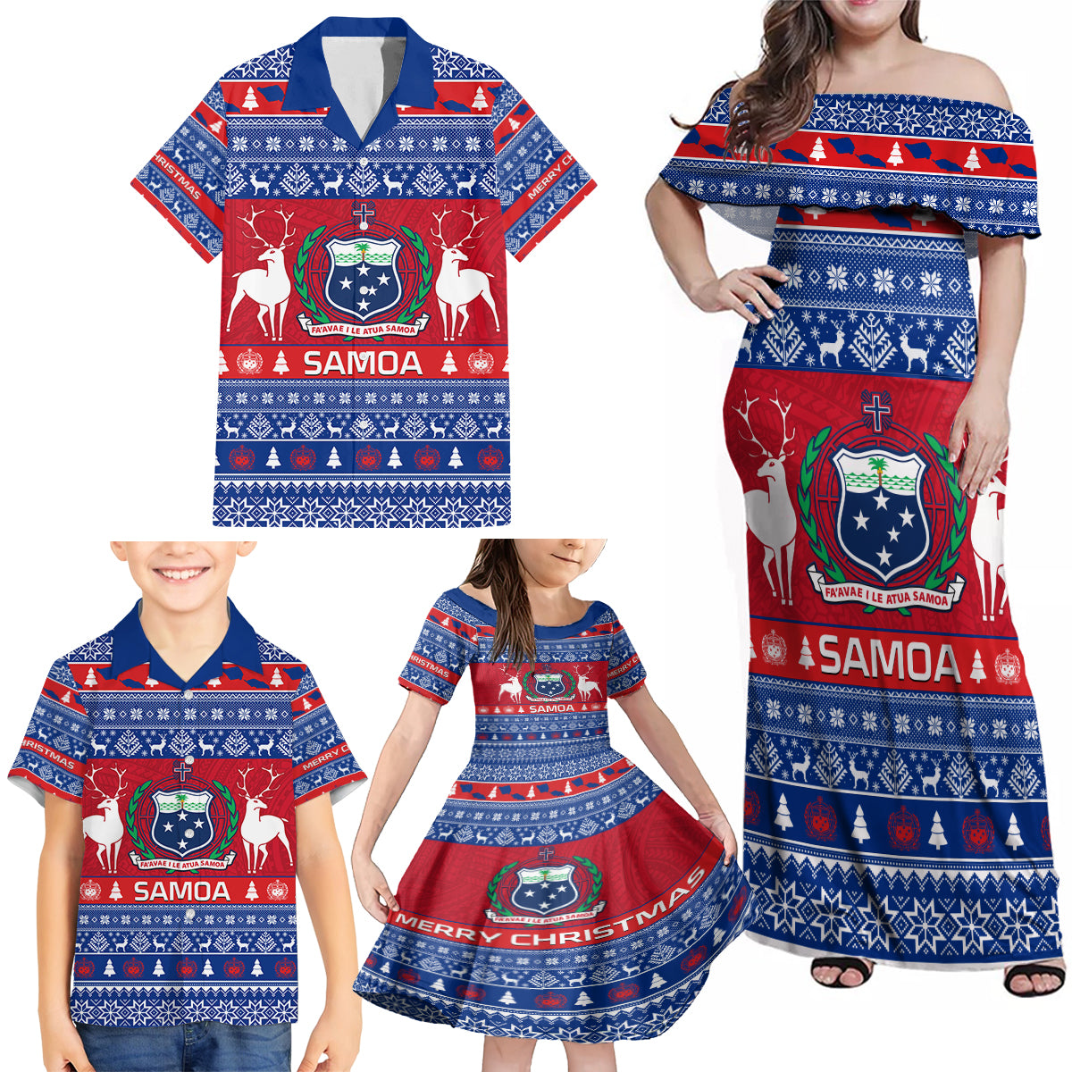 Personalised Samoa Christmas Family Matching Off Shoulder Maxi Dress and Hawaiian Shirt Samoan Coat Of Arms Manuia Le Kirisimas - Wonder Print Shop