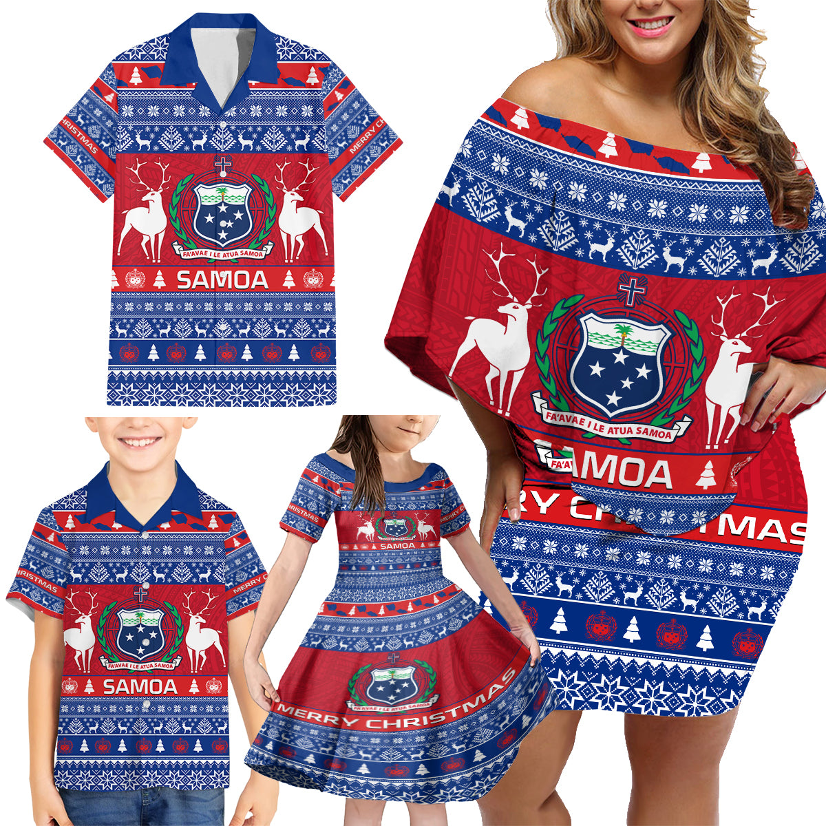 Personalised Samoa Christmas Family Matching Off Shoulder Short Dress and Hawaiian Shirt Samoan Coat Of Arms Manuia Le Kirisimas - Wonder Print Shop