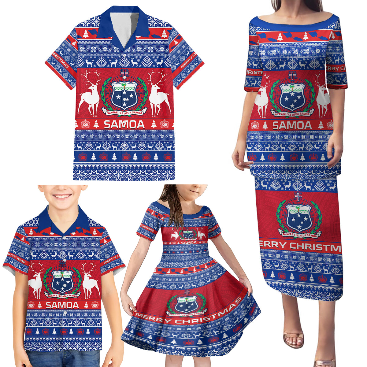 Personalised Samoa Christmas Family Matching Puletasi Dress and Hawaiian Shirt Samoan Coat Of Arms Manuia Le Kirisimas - Wonder Print Shop