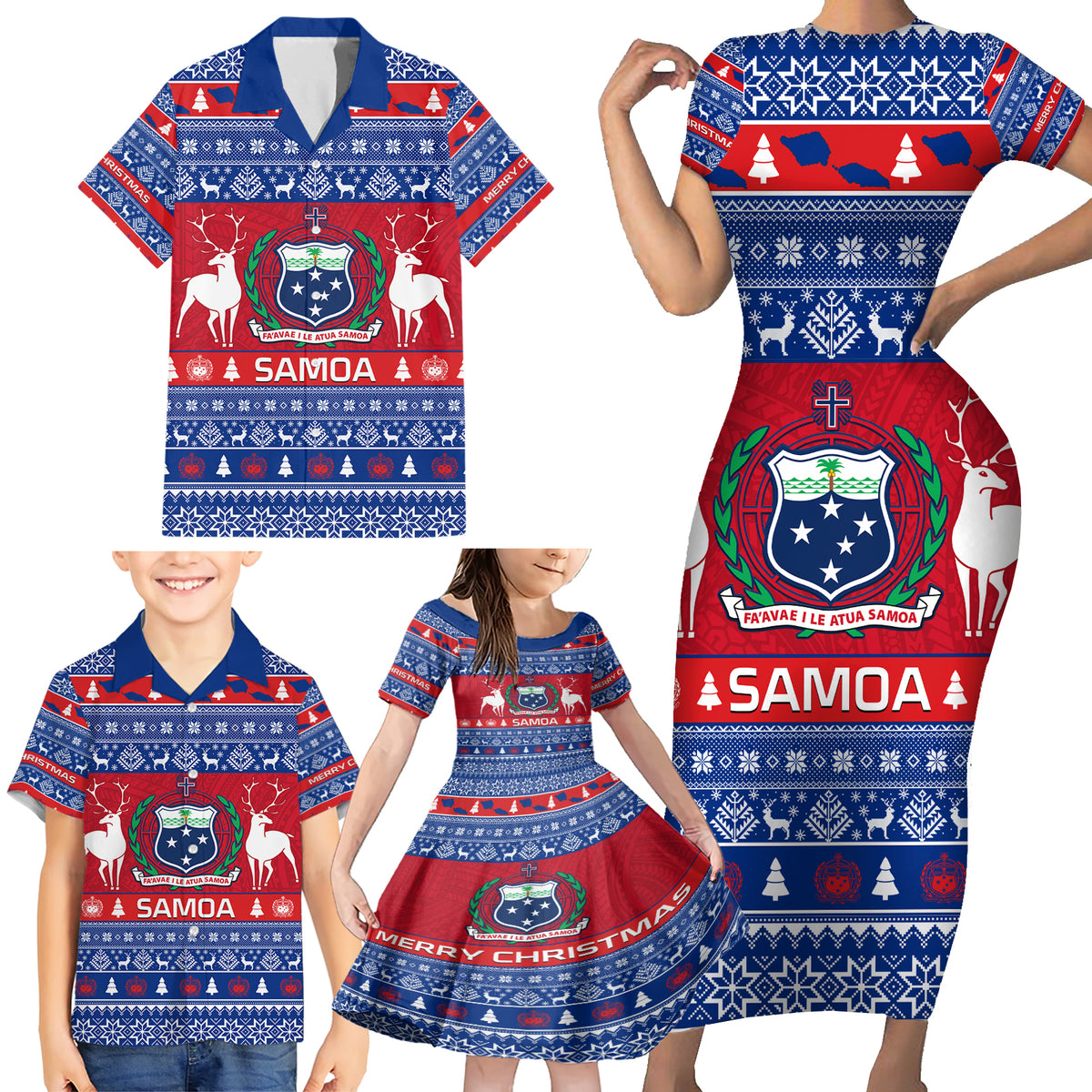 Personalised Samoa Christmas Family Matching Short Sleeve Bodycon Dress and Hawaiian Shirt Samoan Coat Of Arms Manuia Le Kirisimas - Wonder Print Shop