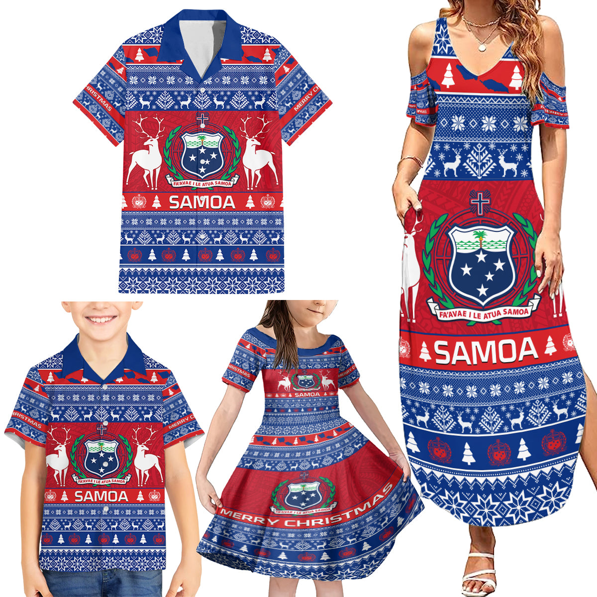 Personalised Samoa Christmas Family Matching Summer Maxi Dress and Hawaiian Shirt Samoan Coat Of Arms Manuia Le Kirisimas - Wonder Print Shop