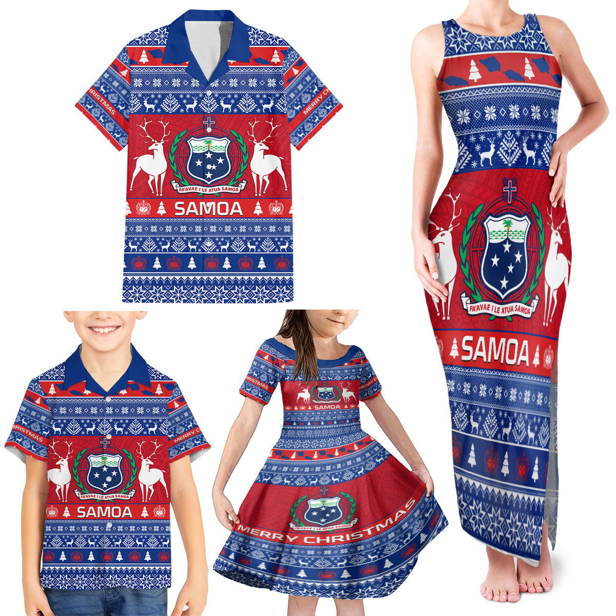 Personalised Samoa Christmas Family Matching Tank Maxi Dress and Hawaiian Shirt Samoan Coat Of Arms Manuia Le Kirisimas - Wonder Print Shop