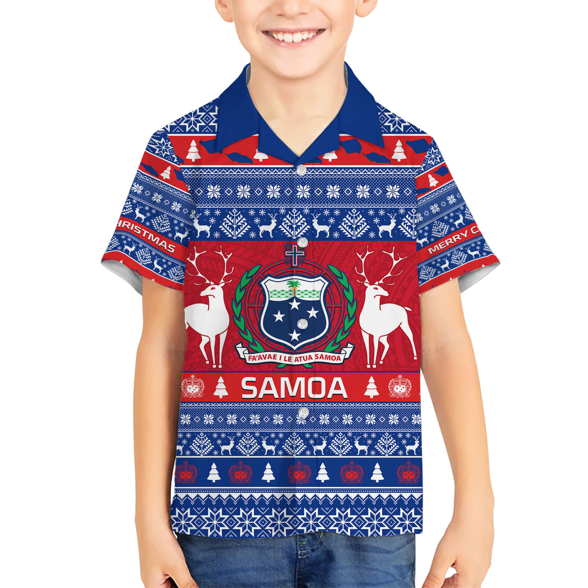 Personalised Samoa Christmas Kid Hawaiian Shirt Samoan Coat Of Arms Manuia Le Kirisimas - Wonder Print Shop