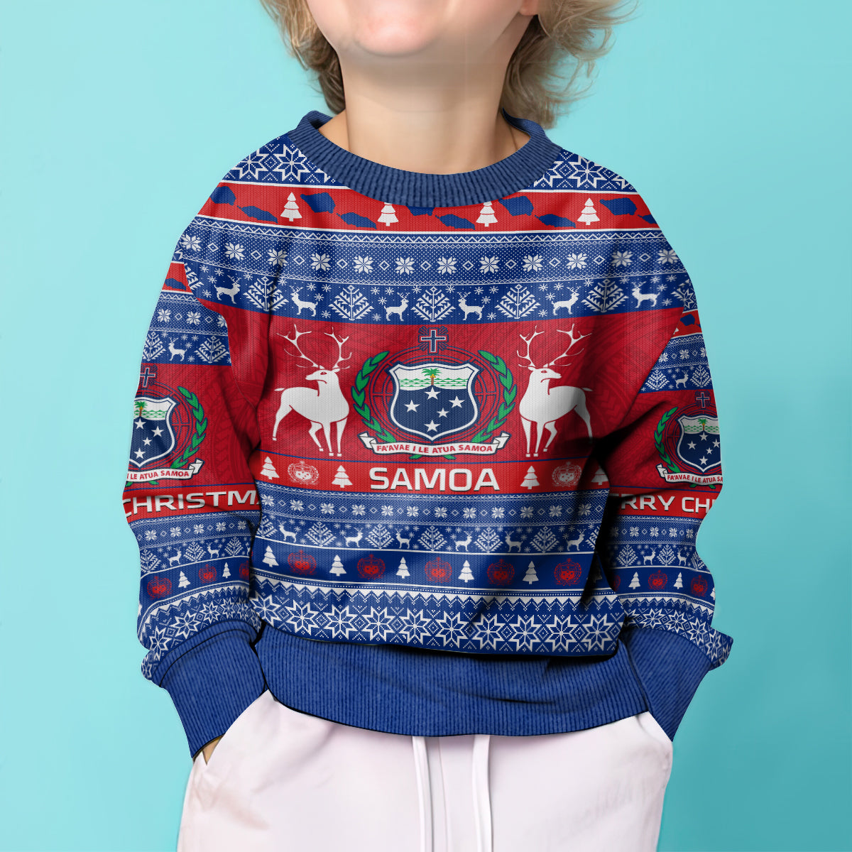 Personalised Samoa Christmas Kid Ugly Christmas Sweater Samoan Coat Of Arms Manuia Le Kirisimas - Wonder Print Shop