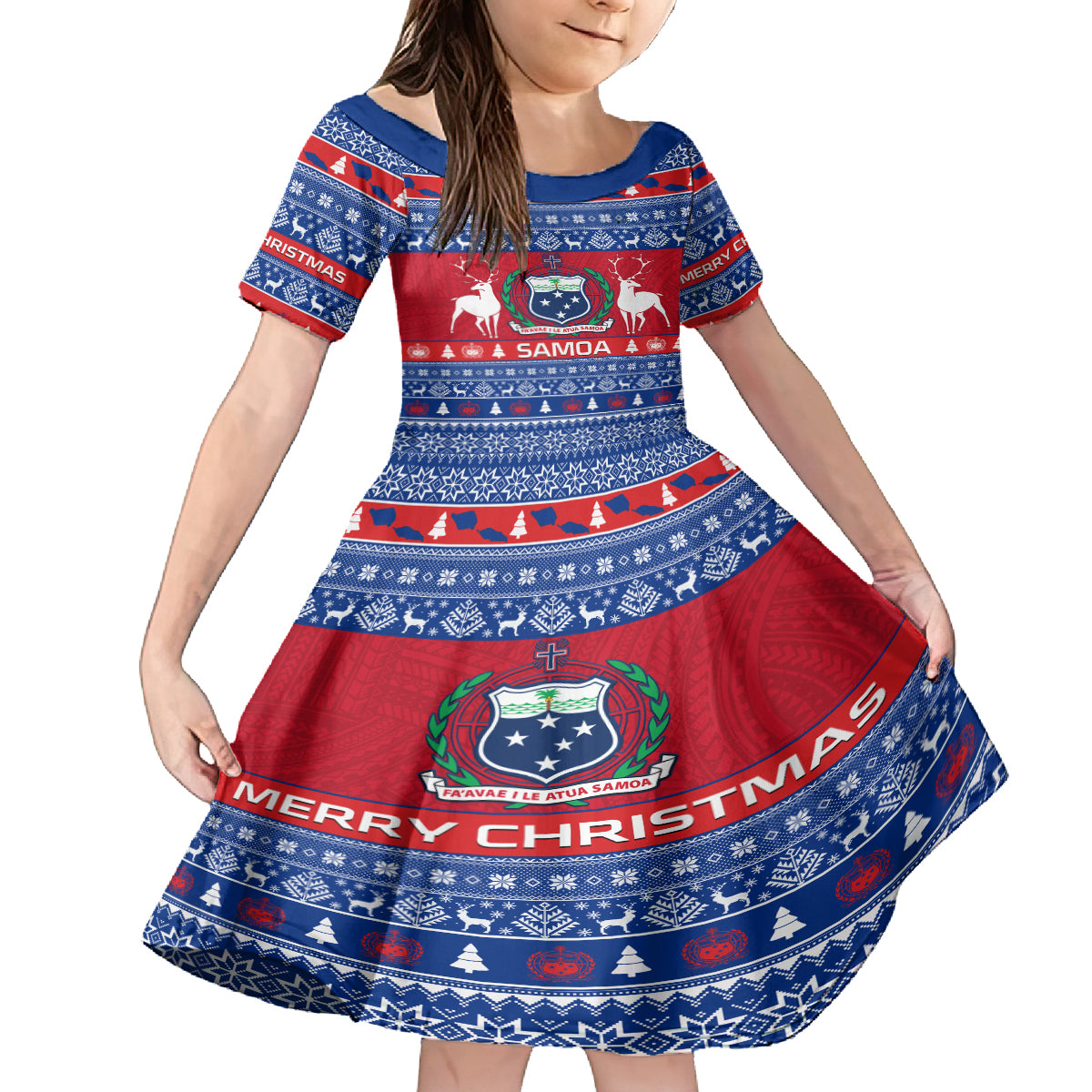 Personalised Samoa Christmas Kid Short Sleeve Dress Samoan Coat Of Arms Manuia Le Kirisimas - Wonder Print Shop