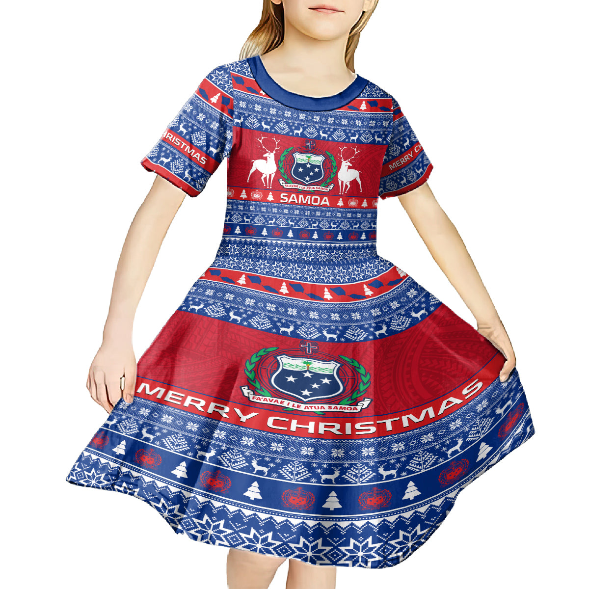 Personalised Samoa Christmas Kid Short Sleeve Dress Samoan Coat Of Arms Manuia Le Kirisimas - Wonder Print Shop