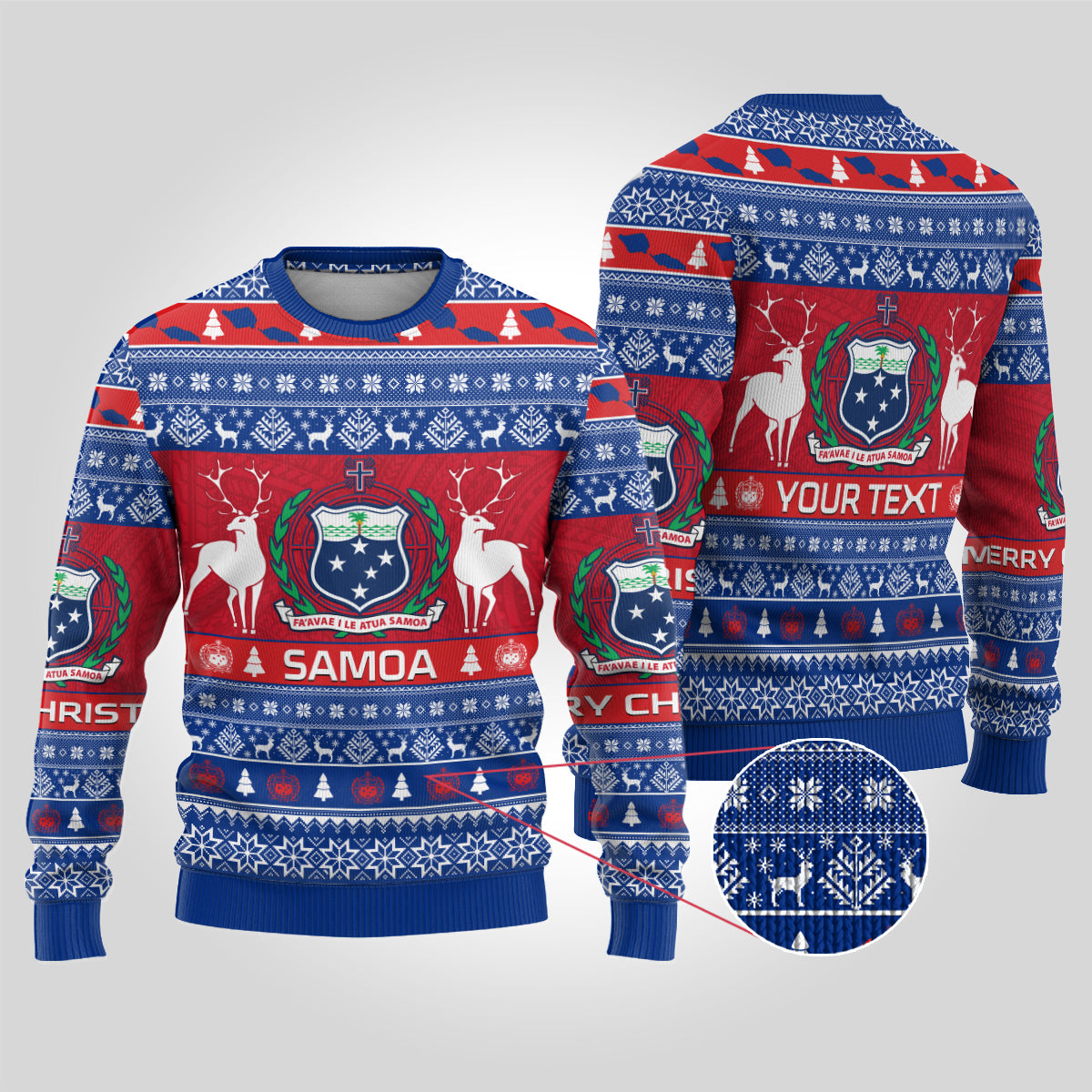 Personalised Samoa Christmas Ugly Christmas Sweater Samoan Coat Of Arms Manuia Le Kirisimas - Wonder Print Shop
