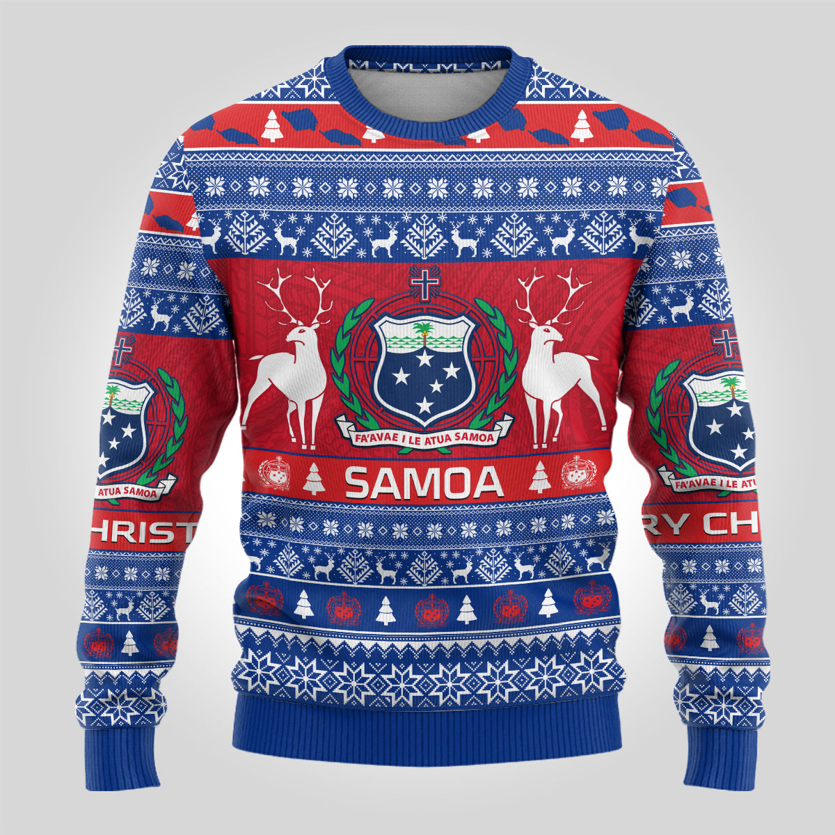 Personalised Samoa Christmas Ugly Christmas Sweater Samoan Coat Of Arms Manuia Le Kirisimas - Wonder Print Shop