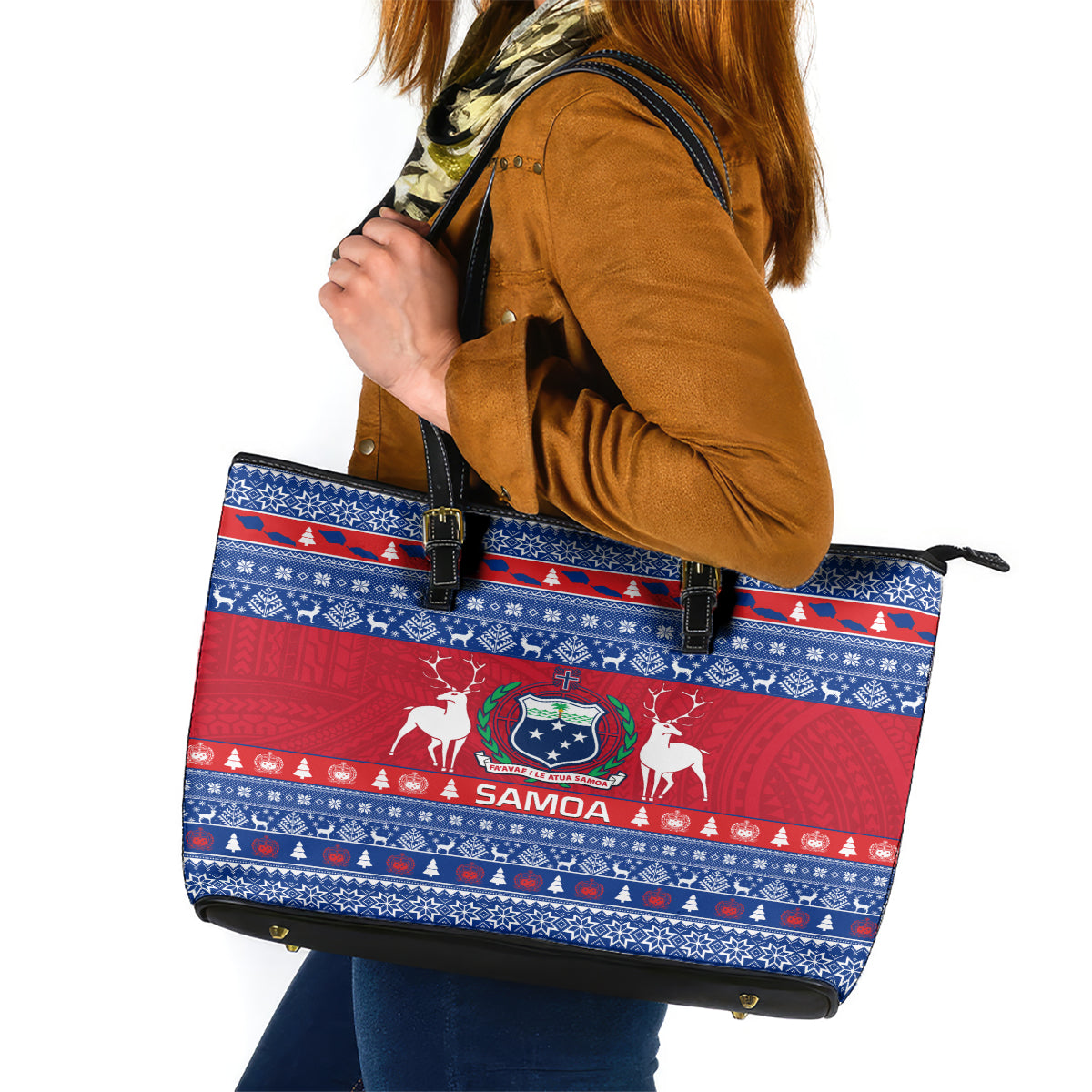 Personalised Samoa Christmas Leather Tote Bag Samoan Coat Of Arms Manuia Le Kirisimas - Wonder Print Shop