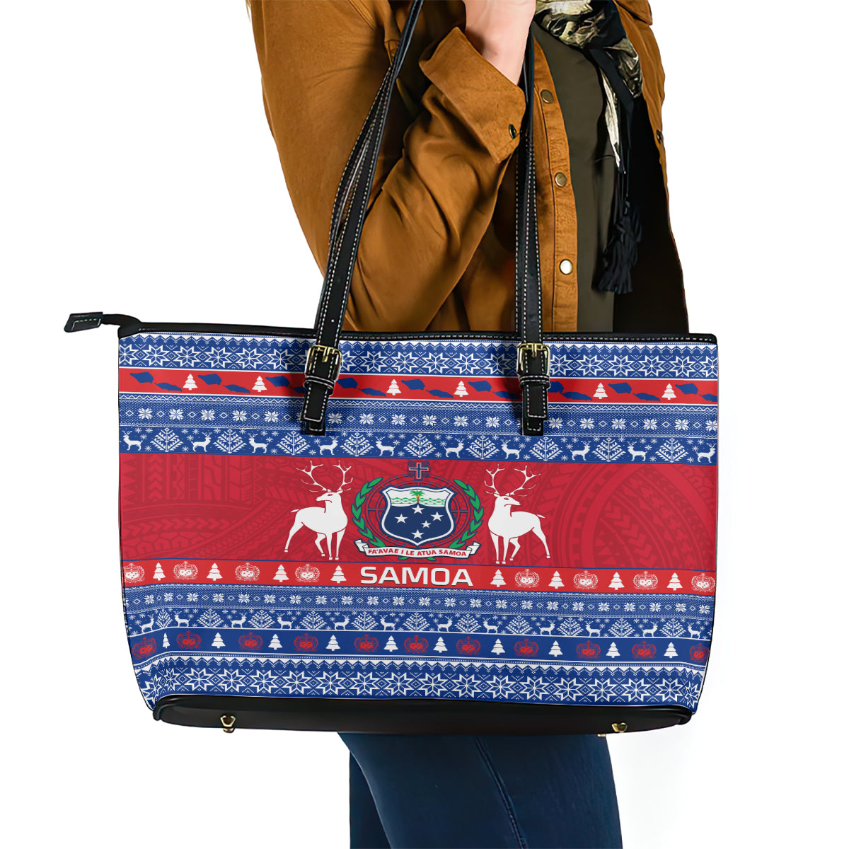Personalised Samoa Christmas Leather Tote Bag Samoan Coat Of Arms Manuia Le Kirisimas - Wonder Print Shop