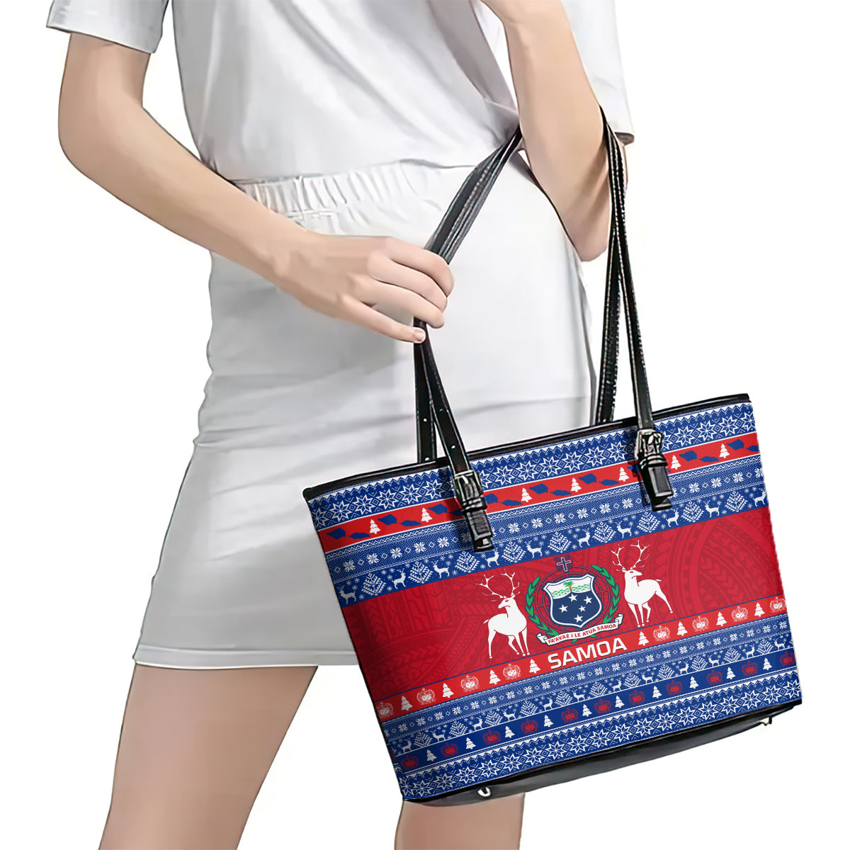Personalised Samoa Christmas Leather Tote Bag Samoan Coat Of Arms Manuia Le Kirisimas - Wonder Print Shop