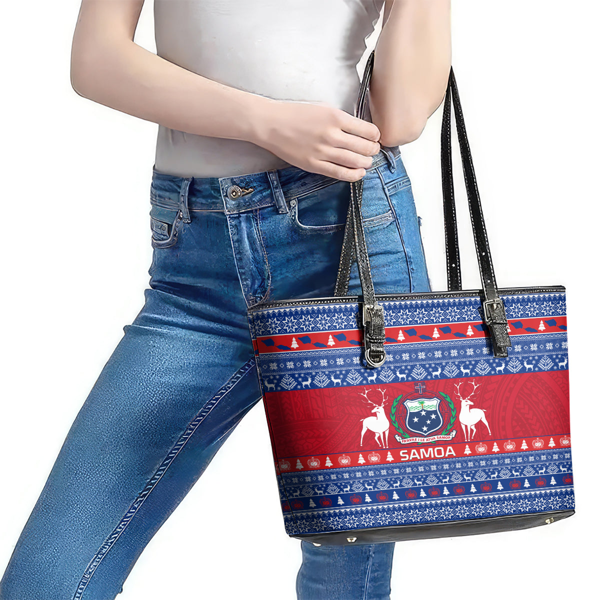 Personalised Samoa Christmas Leather Tote Bag Samoan Coat Of Arms Manuia Le Kirisimas - Wonder Print Shop
