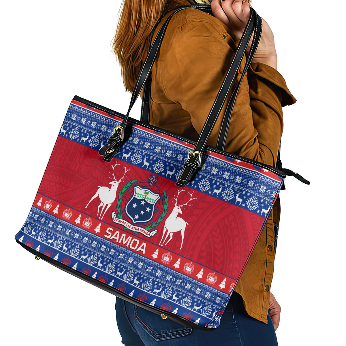 Personalised Samoa Christmas Leather Tote Bag Samoan Coat Of Arms Manuia Le Kirisimas - Wonder Print Shop