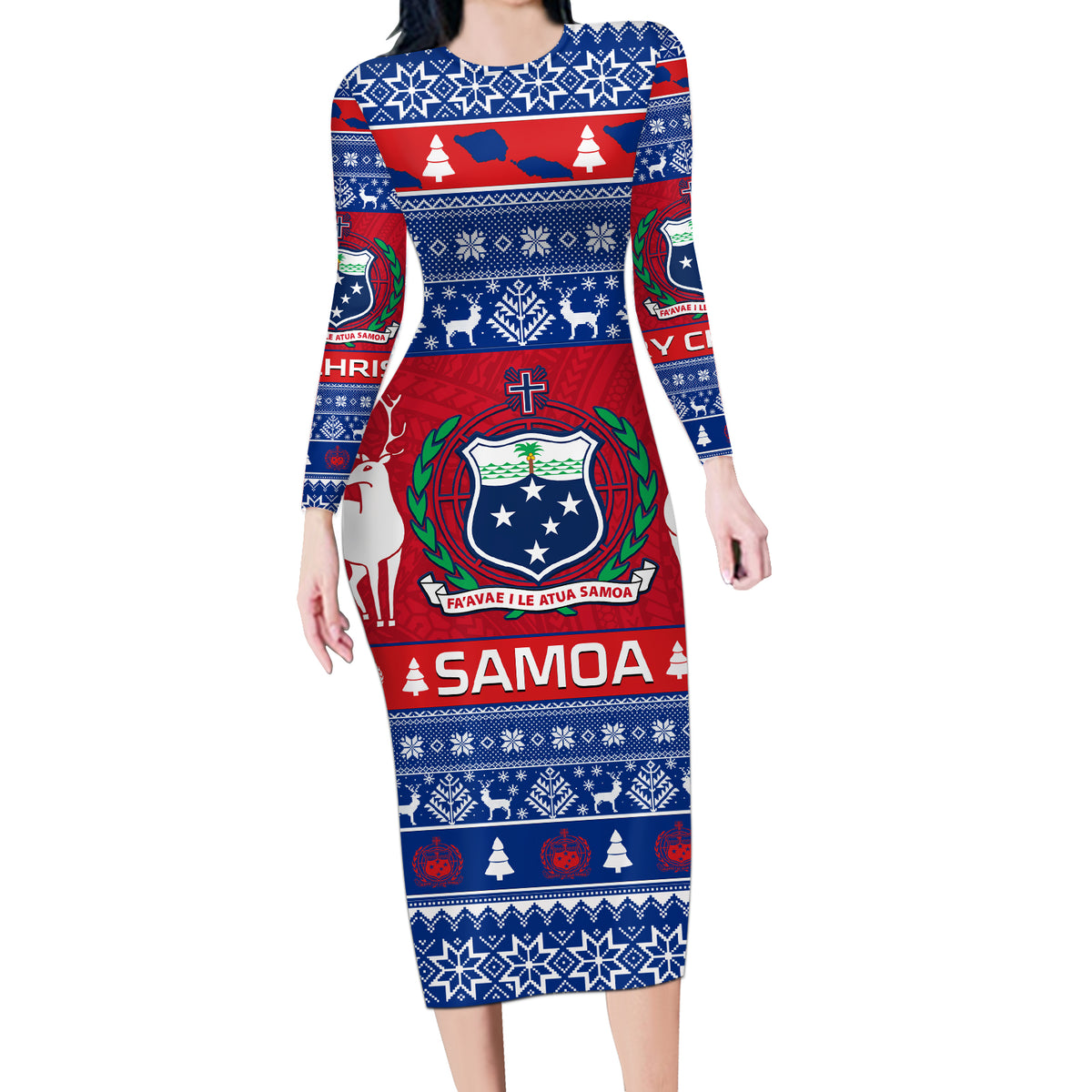 Personalised Samoa Christmas Long Sleeve Bodycon Dress Samoan Coat Of Arms Manuia Le Kirisimas - Wonder Print Shop