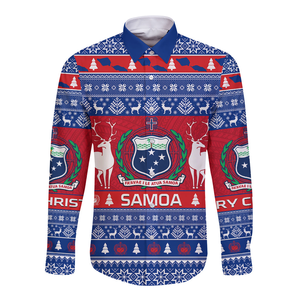 Personalised Samoa Christmas Long Sleeve Button Shirt Samoan Coat Of Arms Manuia Le Kirisimas - Wonder Print Shop
