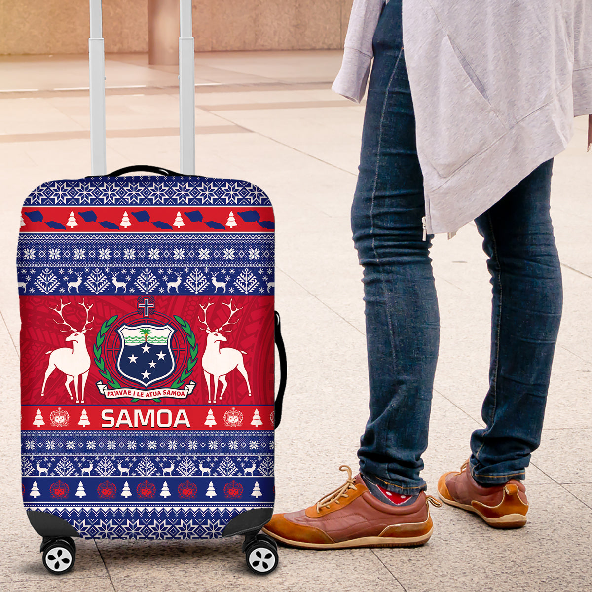 Personalised Samoa Christmas Luggage Cover Samoan Coat Of Arms Manuia Le Kirisimas - Wonder Print Shop