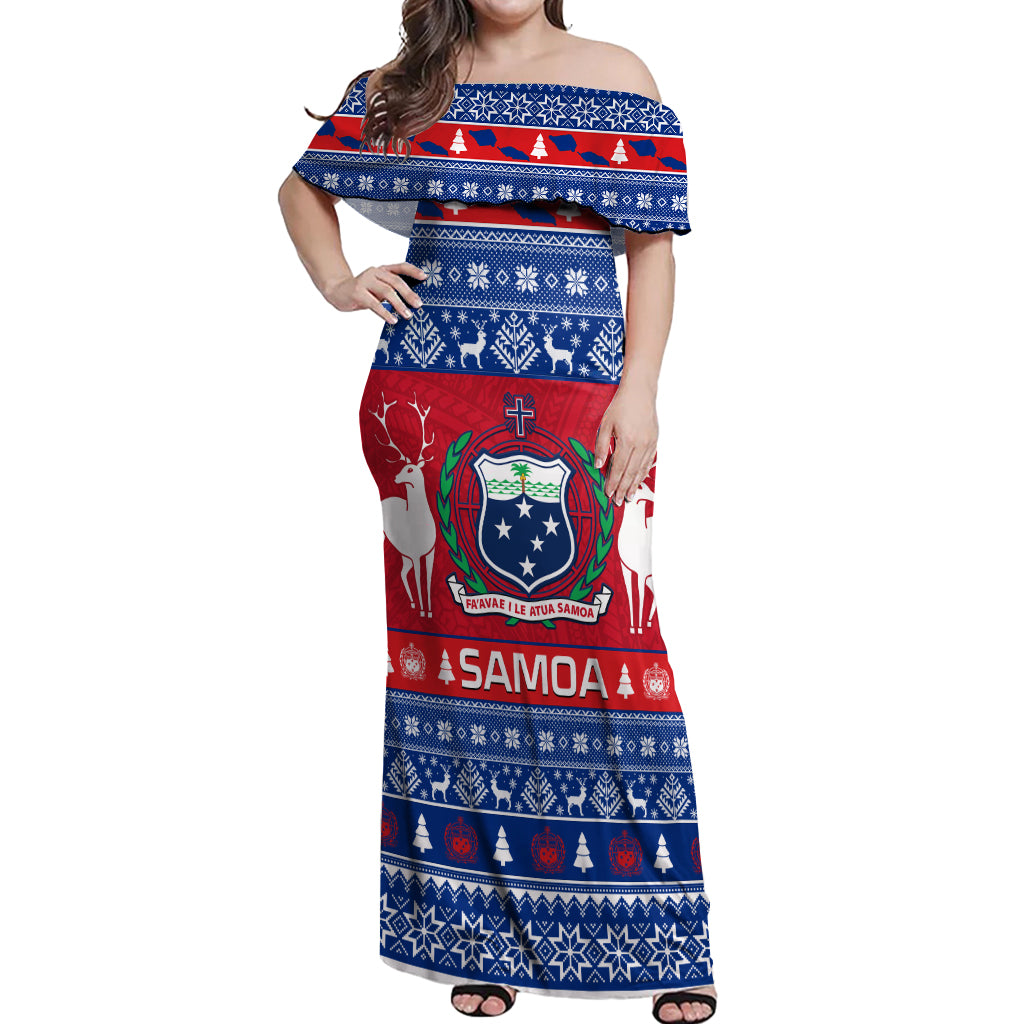 Personalised Samoa Christmas Off Shoulder Maxi Dress Samoan Coat Of Arms Manuia Le Kirisimas - Wonder Print Shop