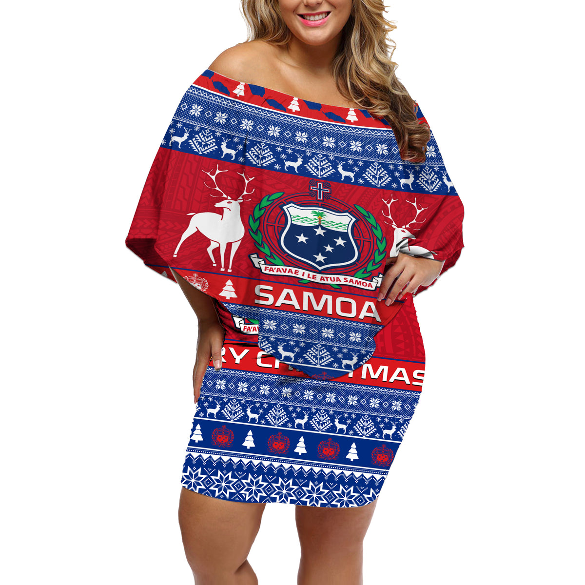 Personalised Samoa Christmas Off Shoulder Short Dress Samoan Coat Of Arms Manuia Le Kirisimas - Wonder Print Shop