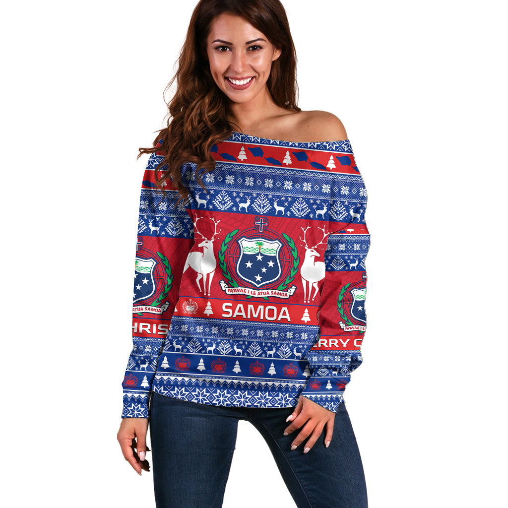 Personalised Samoa Christmas Off Shoulder Sweater Samoan Coat Of Arms Manuia Le Kirisimas - Wonder Print Shop