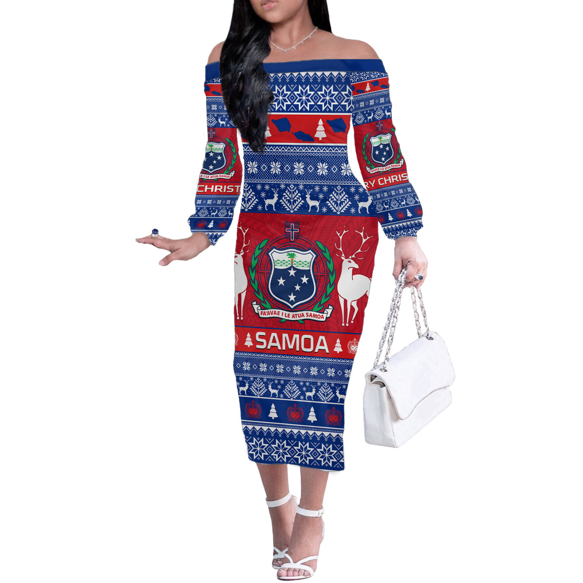 Personalised Samoa Christmas Off The Shoulder Long Sleeve Dress Samoan Coat Of Arms Manuia Le Kirisimas - Wonder Print Shop