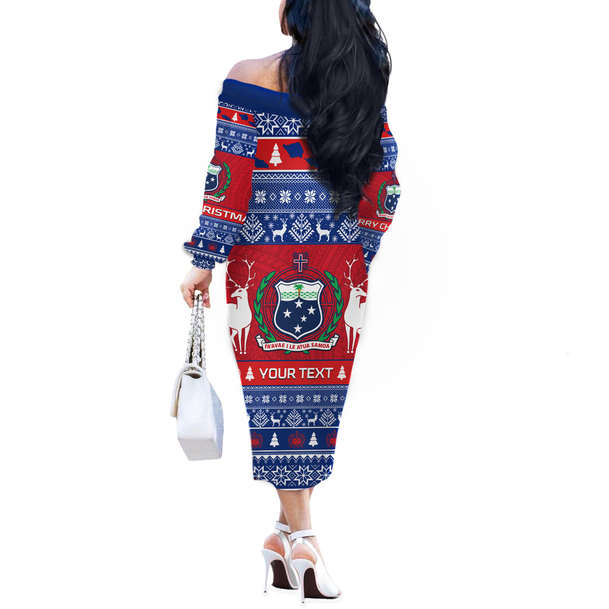 Personalised Samoa Christmas Off The Shoulder Long Sleeve Dress Samoan Coat Of Arms Manuia Le Kirisimas - Wonder Print Shop