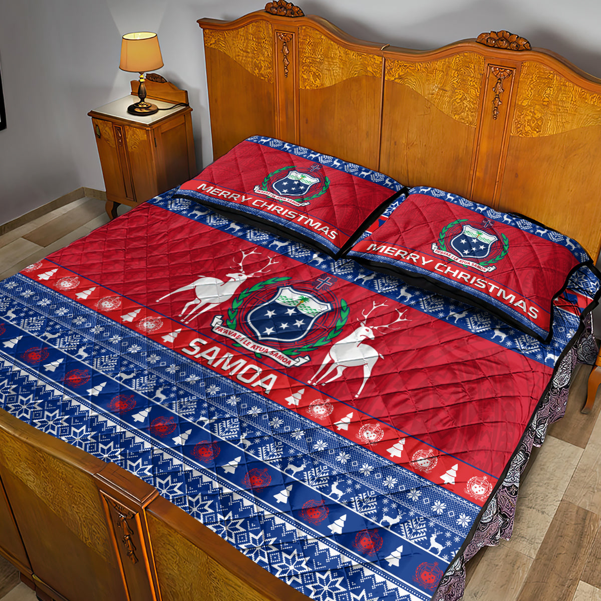 Personalised Samoa Christmas Quilt Bed Set Samoan Coat Of Arms Manuia Le Kirisimas - Wonder Print Shop