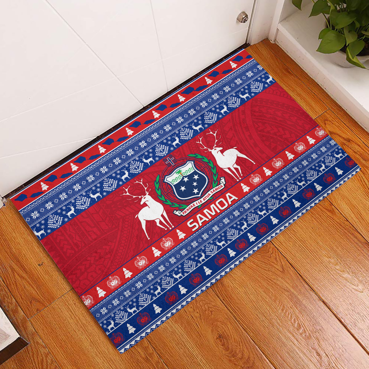 Personalised Samoa Christmas Rubber Doormat Samoan Coat Of Arms Manuia Le Kirisimas - Wonder Print Shop