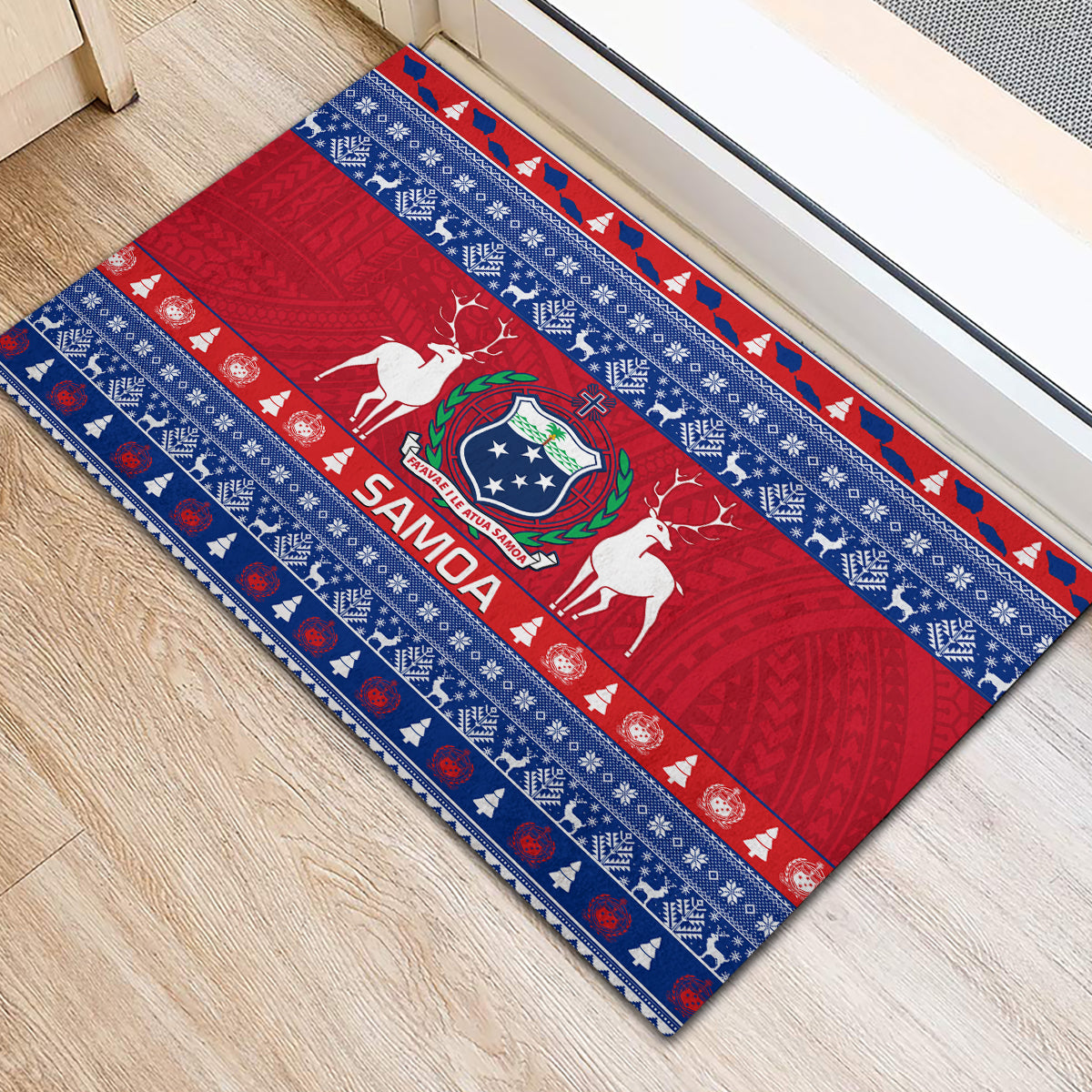 Personalised Samoa Christmas Rubber Doormat Samoan Coat Of Arms Manuia Le Kirisimas - Wonder Print Shop