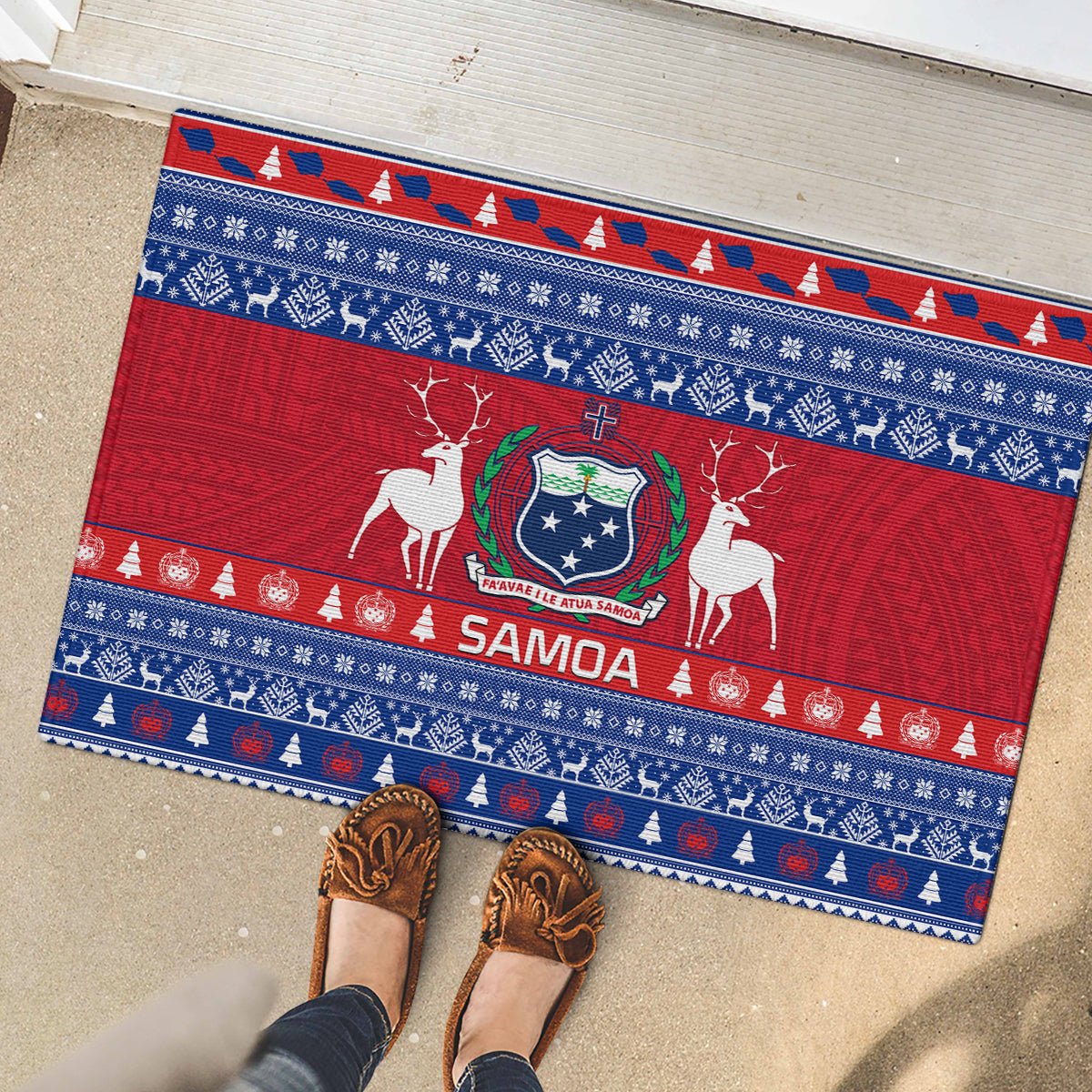 Personalised Samoa Christmas Rubber Doormat Samoan Coat Of Arms Manuia Le Kirisimas - Wonder Print Shop